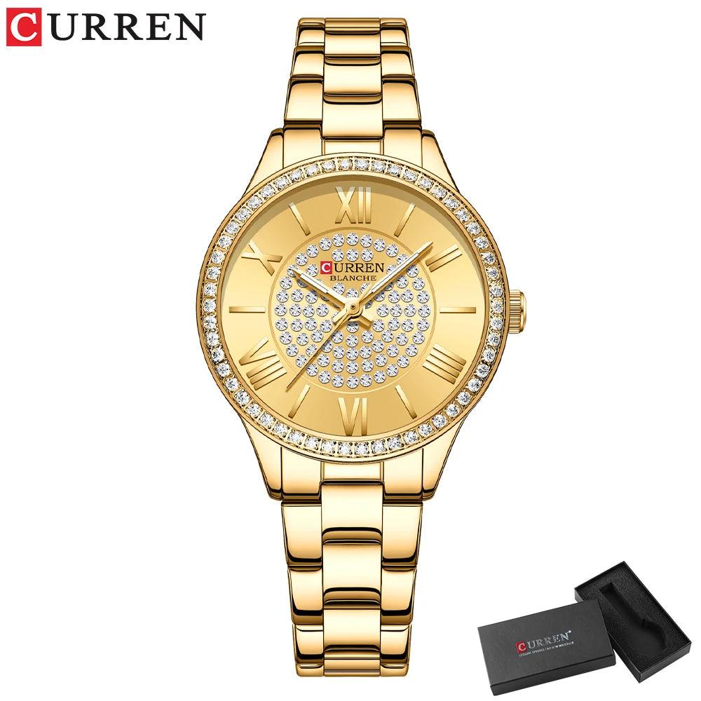 Curren-Relógio de luxo strass para mulheres, mostrador rosa, pulseira de aço inoxidável, quartzo relógios, moda, novo