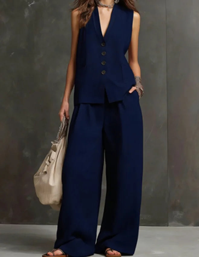 Conjunto Feminino Estilo Despojado Composto por Calça e Blusa Sem Mangas