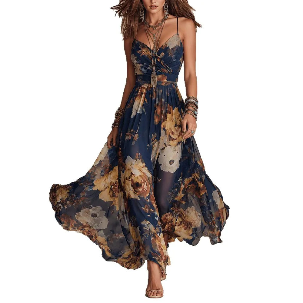Vestido Maxi Boho Floral Estampado Decote V Alças Finas Sem Manga