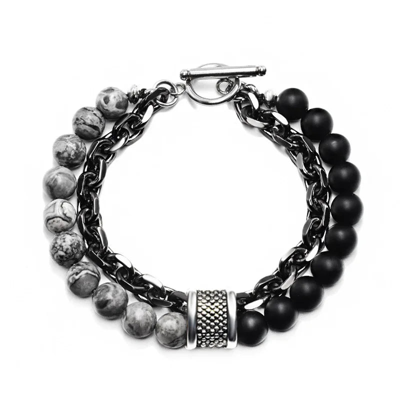 Pulseira Masculina de Contas de Aço Inoxidável