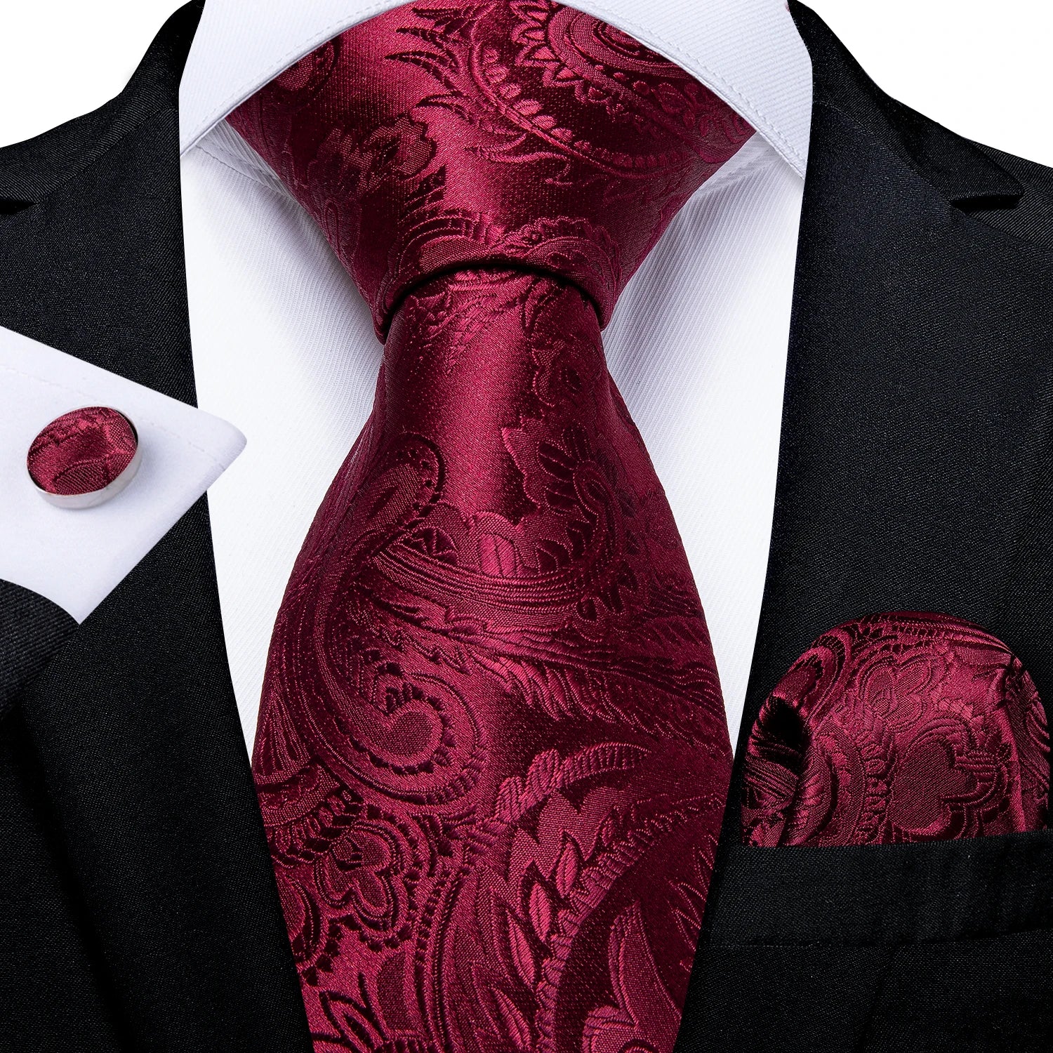 Kit Gravata Masculina Social Paisley Vermelha com Lenço e Abotoaduras