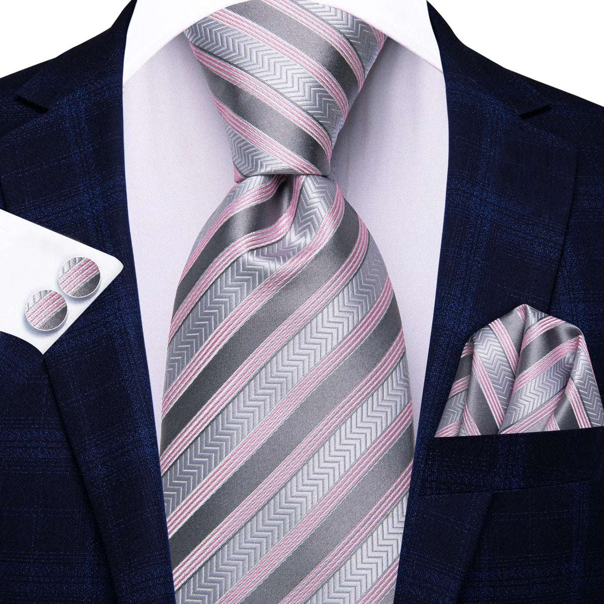 Gravata Masculina Clássica Rosa Listrado com Acessórios by Loja Bruna Modas