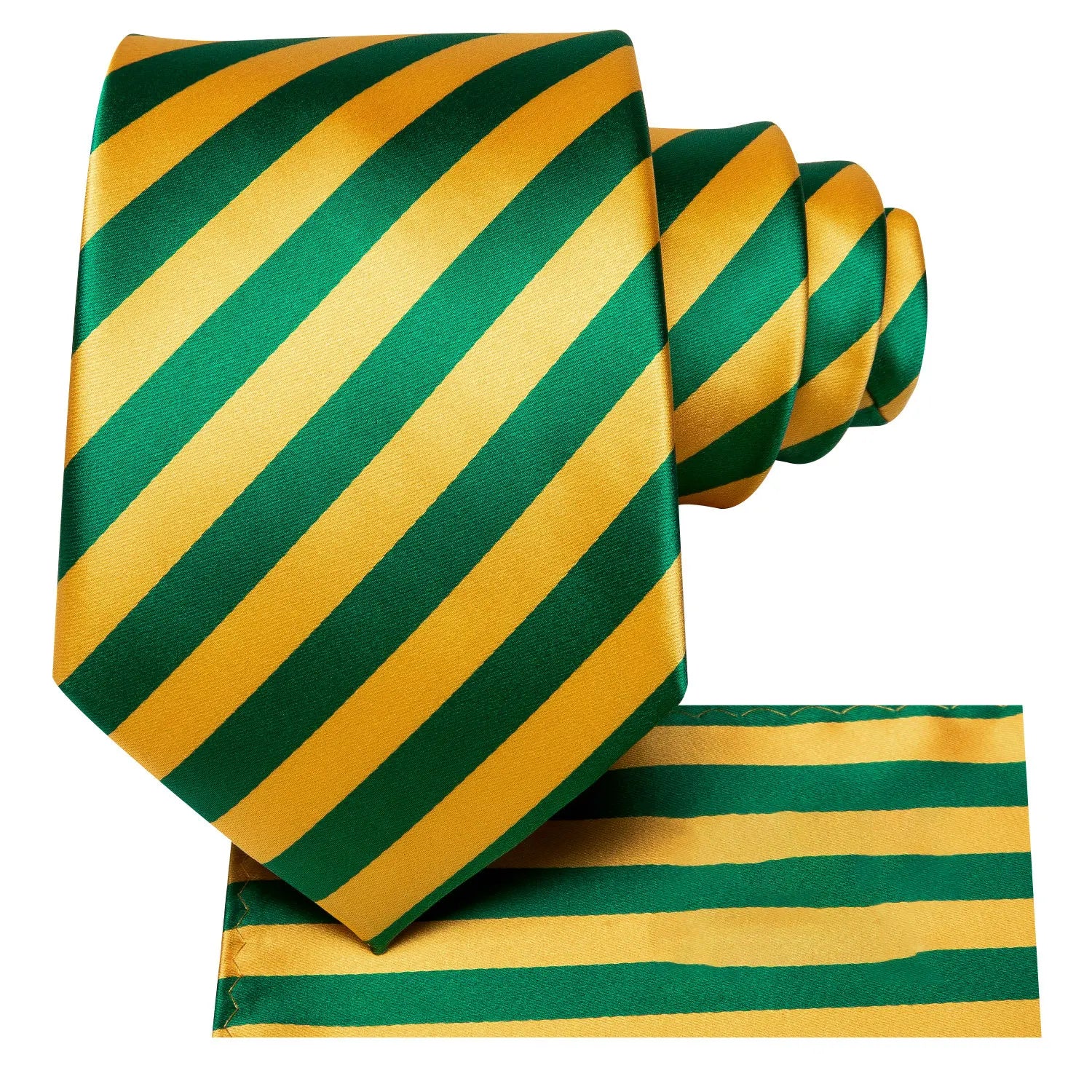 Gravata Masculina Verde e Amarelo Listrado com Lenço de Bolso