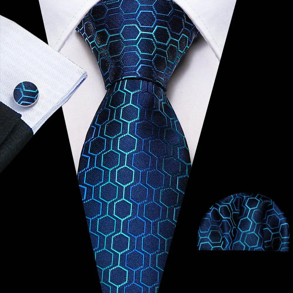 Gravata Masculina de Seda Azul Geométrica com Lenço e Abotoaduras