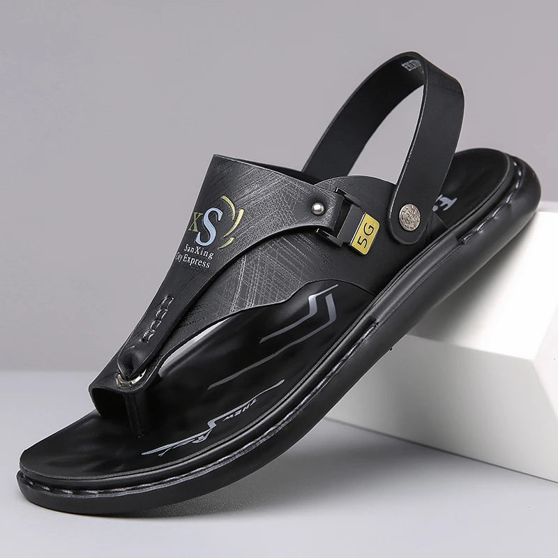 Sandália Masculina de Couro PU de Sola Grossa Antiderrapante