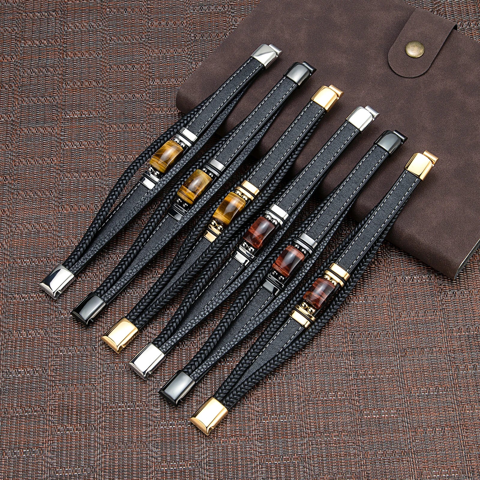 Pulseira Masculina de Couro Olho de Tigre Natural