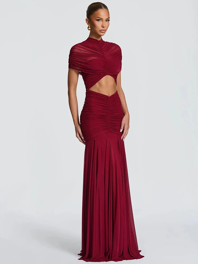 Vestido Longo Feminino Slim Franzido Manga Curta