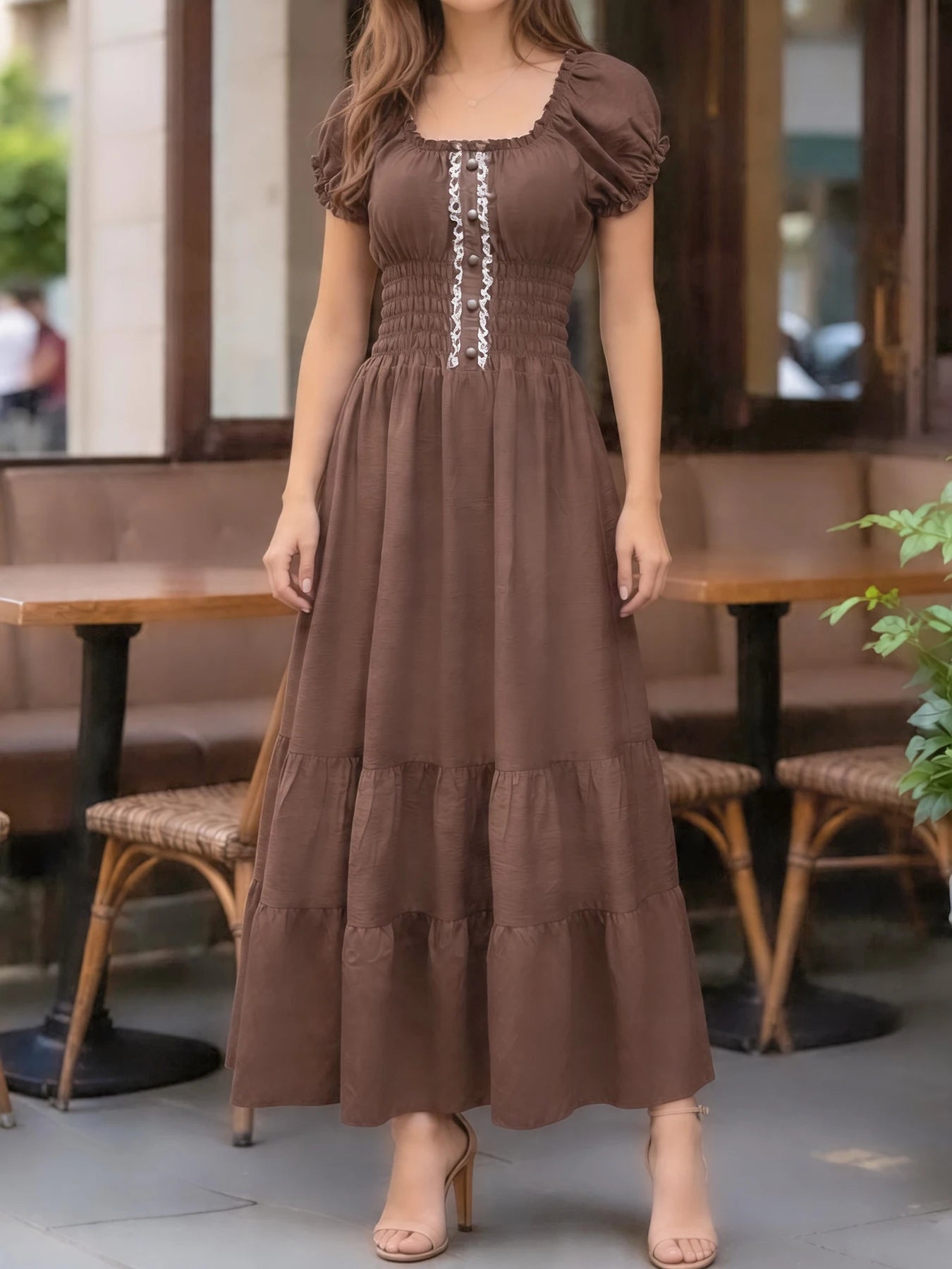 Vestido Longo Elegante Com Decote Quadrado Manga Bolha