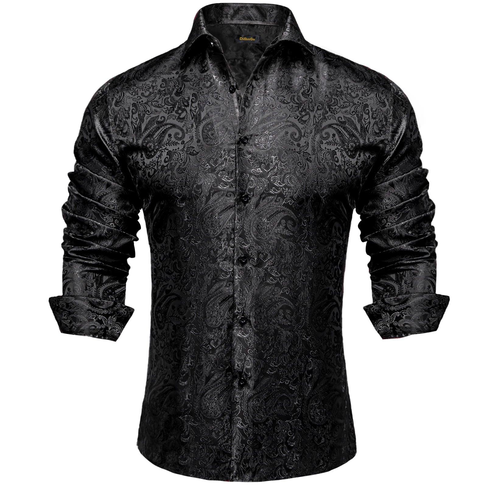 DiBanGu Camisas sociais de poliéster de seda para homens, preto, sólido, paisley, vermelho, prata, manga comprida, gola virada para baixo, camisa social masculina
