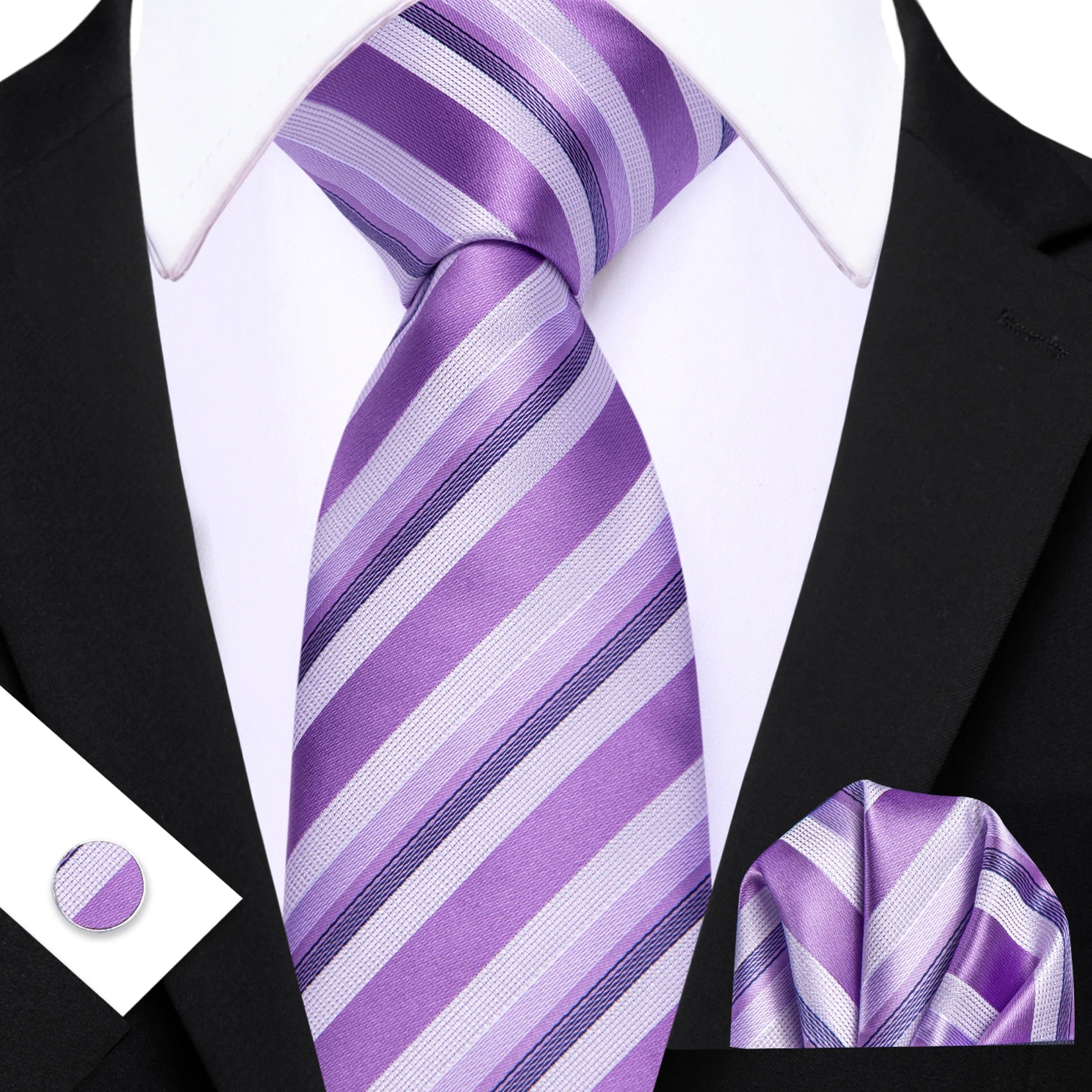Conjunto de Gravata Masculina Poliéster Listrada com Lenço e Abotoaduras