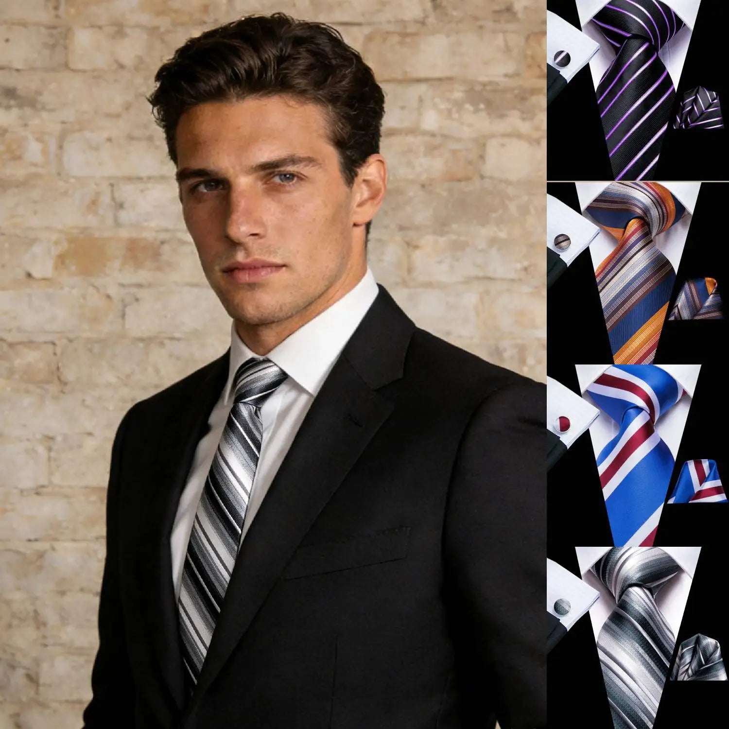Gravata Masculina de Seda Listrado com Acessórios
