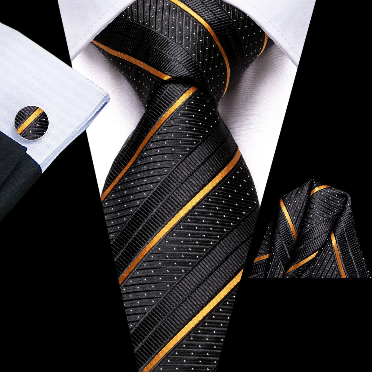 Gravata Masculina Clássica Preto Listrado 8.5 cm com Acessórios by Loja Bruna Modas