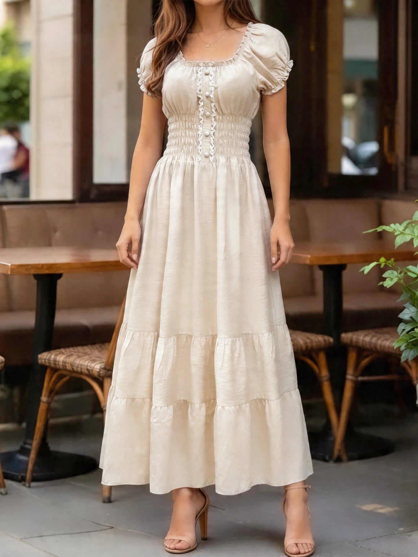 Vestido Longo Elegante Com Decote Quadrado Manga Bolha