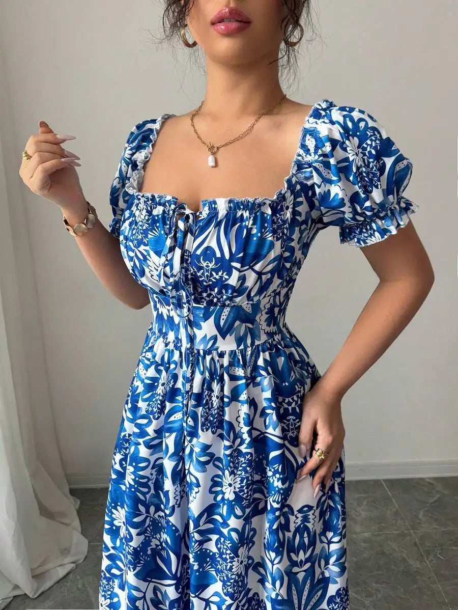 Vestido Longo Estampa Floral Azul Elegante by Loja Bruna Modas
