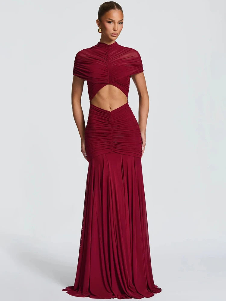 Vestido Longo Feminino Slim Franzido Manga Curta