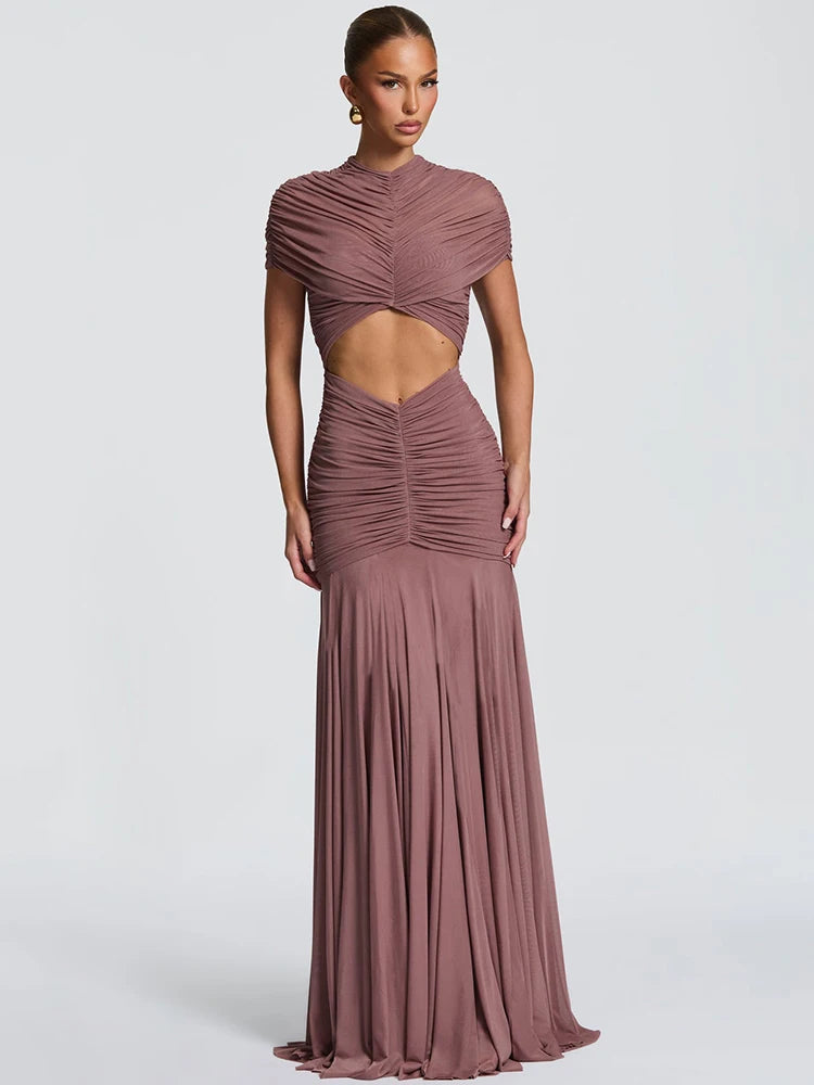 Vestido Longo Feminino Slim Franzido Manga Curta by Loja Bruna Modas