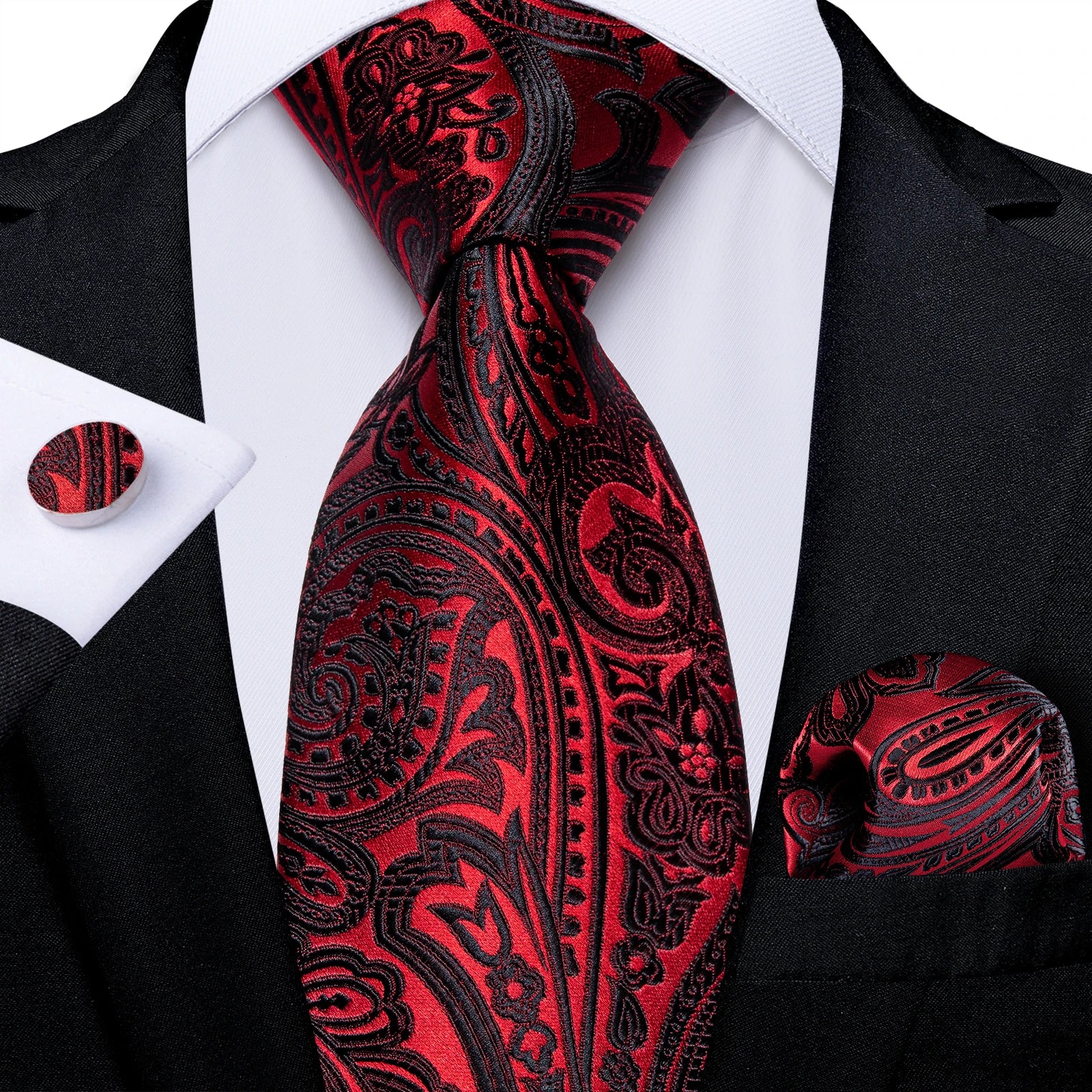 Kit Gravata Masculina Social Paisley Vermelha com Lenço e Abotoaduras