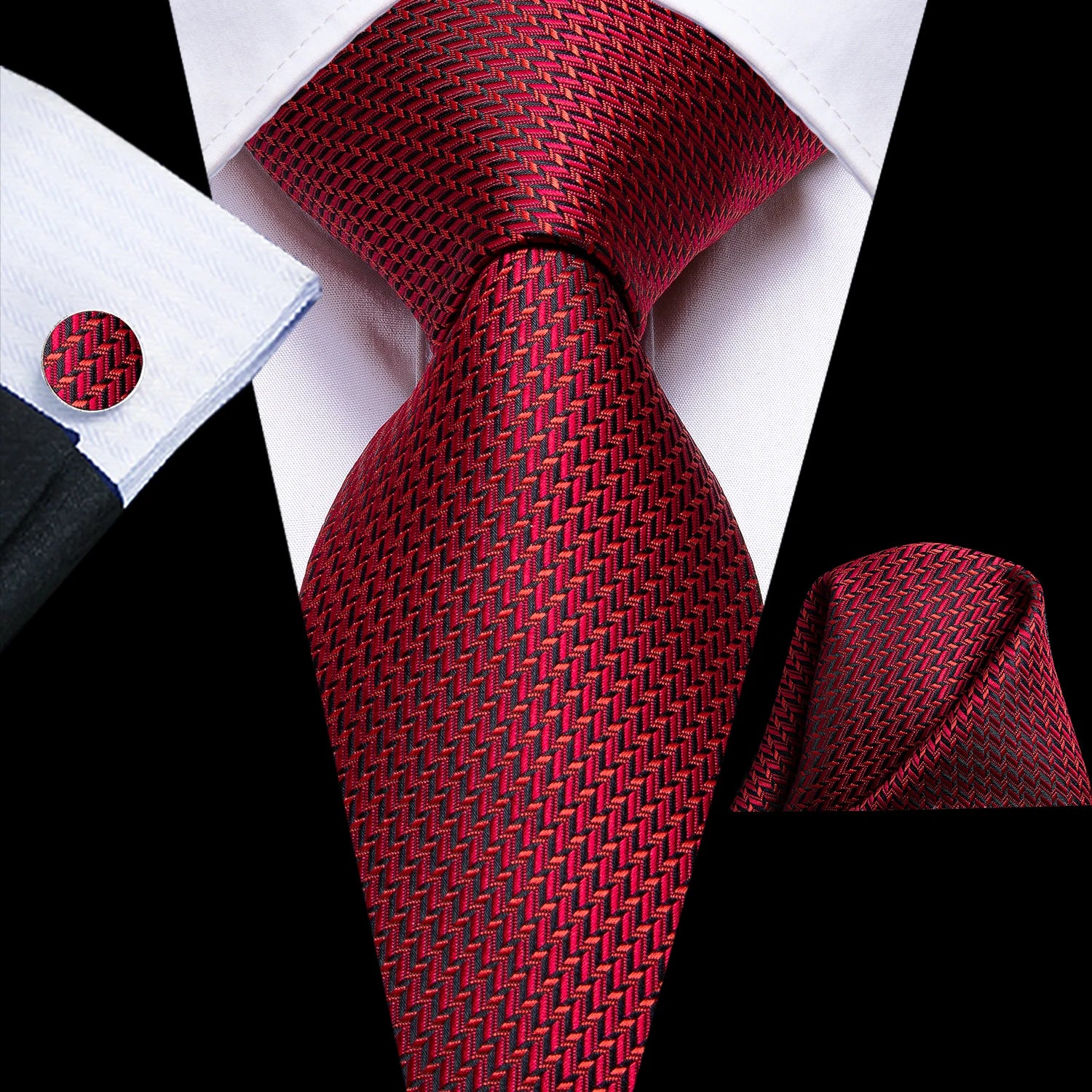 Conjunto de 3 Peças Gravata Masculina de Seda Vermelha com Lenço e Abotoaduras