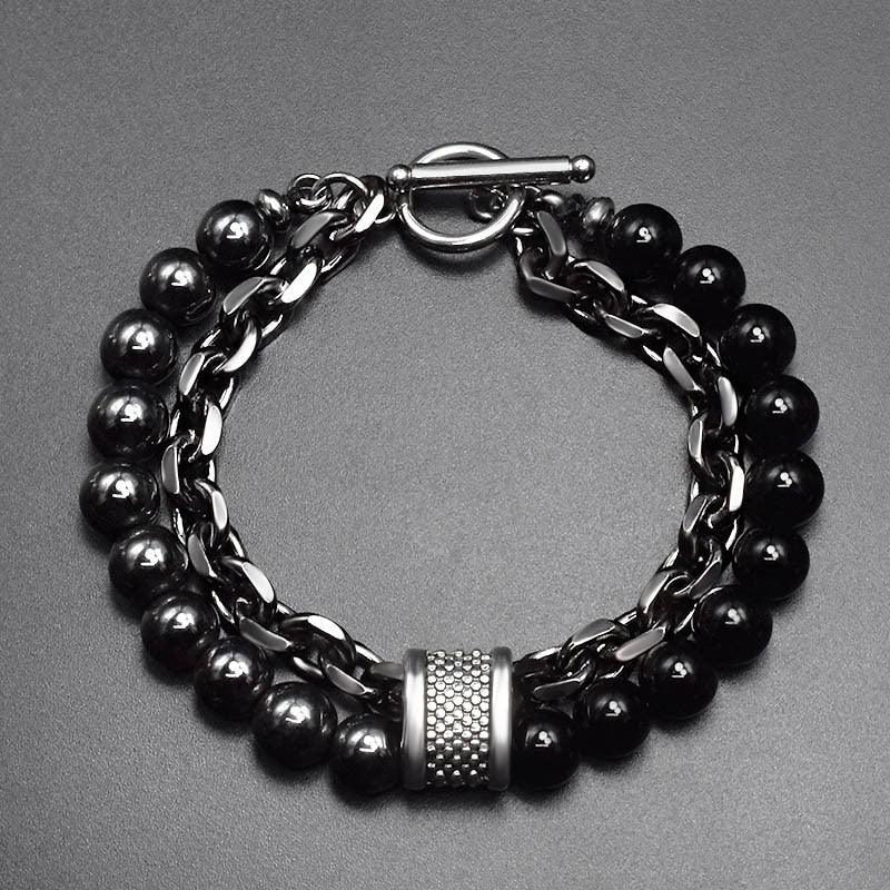 Pulseira Masculina de Contas de Aço Inoxidável