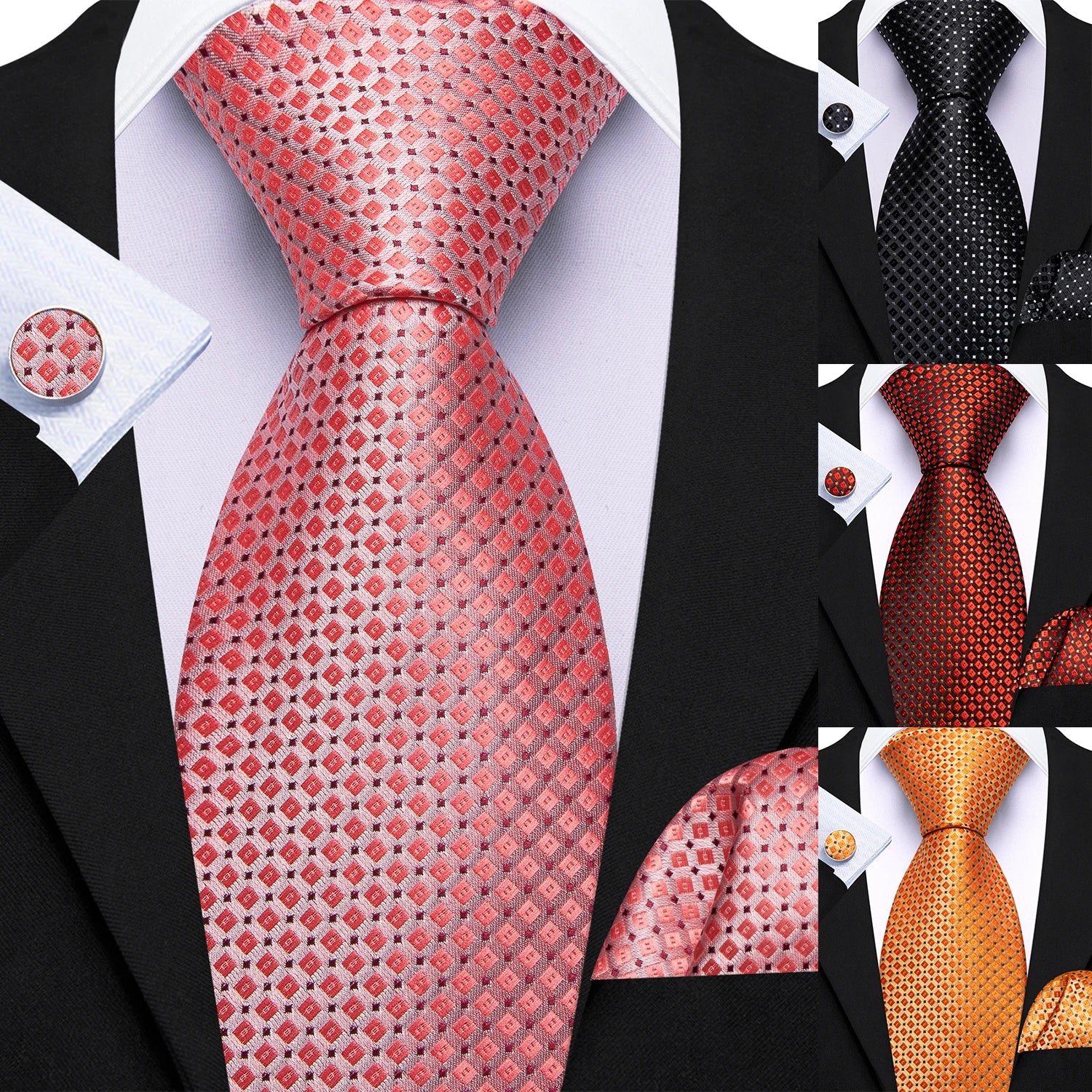 Square Dots Men Tie Handkerchief Cufflinks Set Woven Necktie For Wedding Party Business Male Ties Gift Casual Formal