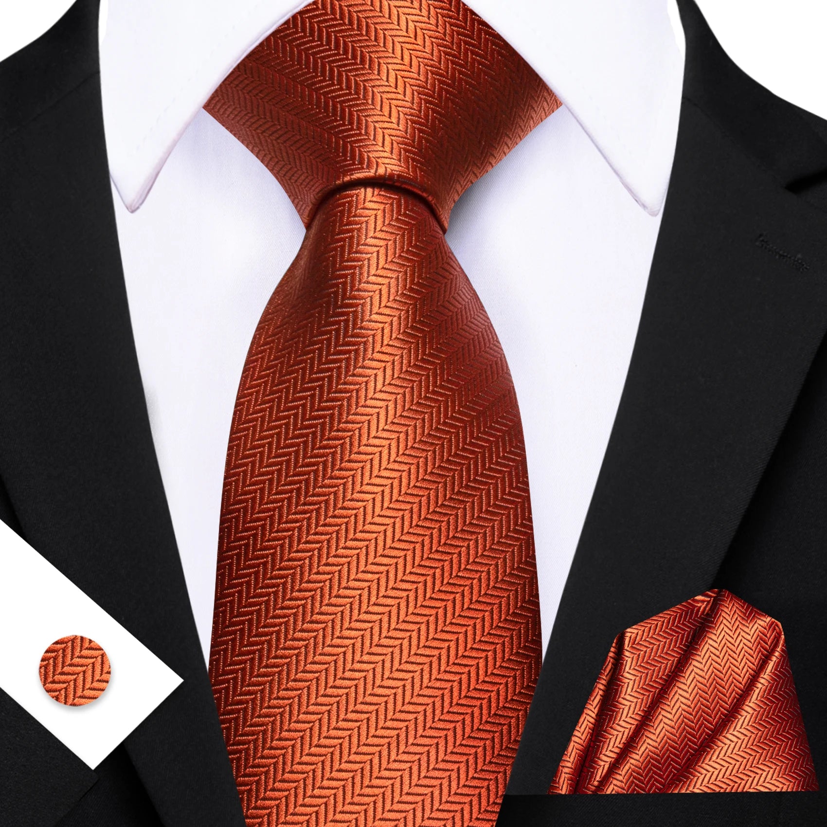 Conjunto de Gravata Masculina Poliéster Listrada com Lenço e Abotoaduras