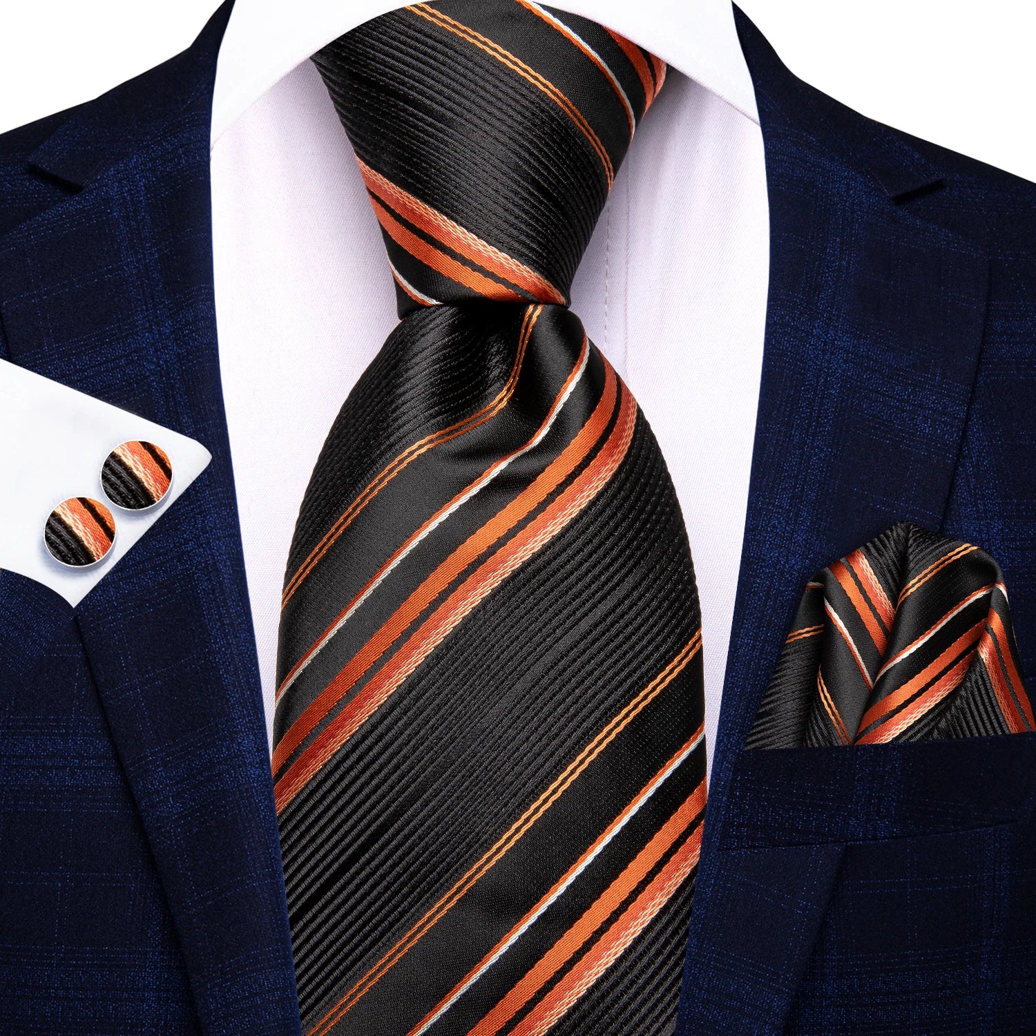Gravata Masculina Listrada de Luxo com Lenço de Bolso e Abotoaduras