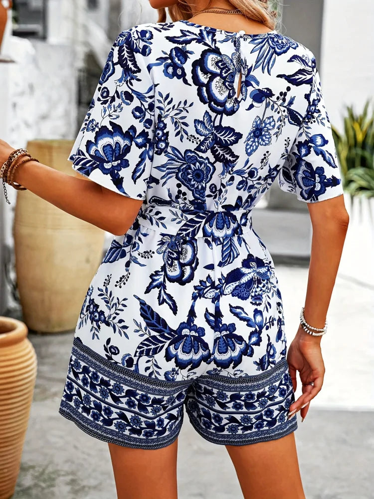 Macacão Feminino Casual Floral com Decote em V by Loja Bruna Modas