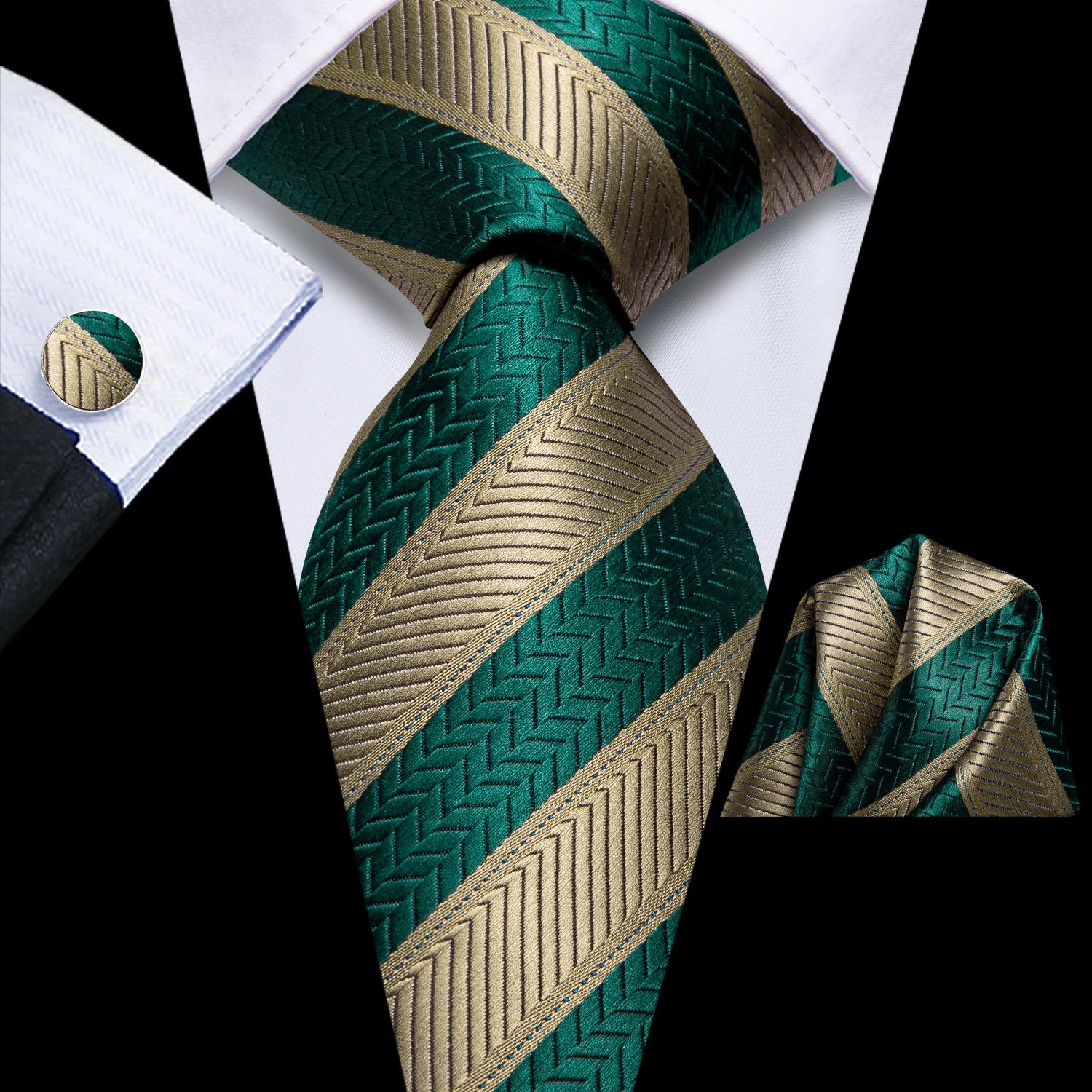 Gravata Masculina Verde Elegante com Lenço e Abotoaduras