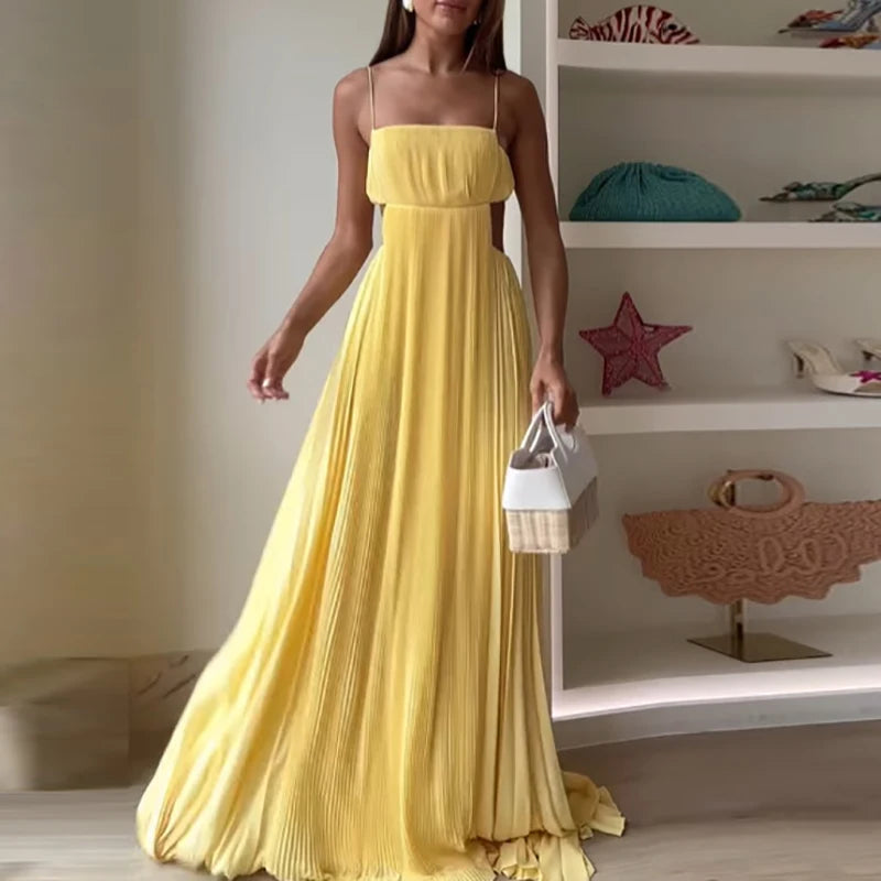Vestido Longo Elegante Ombro a Ombro Plissado Starlight™