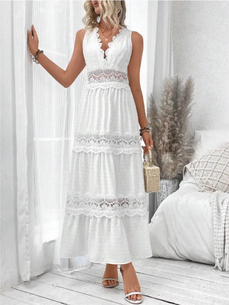 Vestido Longo Feminino de Renda Decote em V