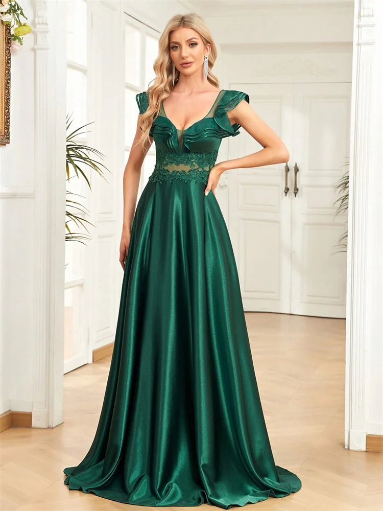Vestido Longo de Luxo em Cetim Emerald Siren™