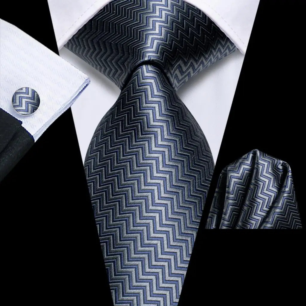 Kit de Gravata Masculina de Seda Jacquard com Lenço e Abotoaduras