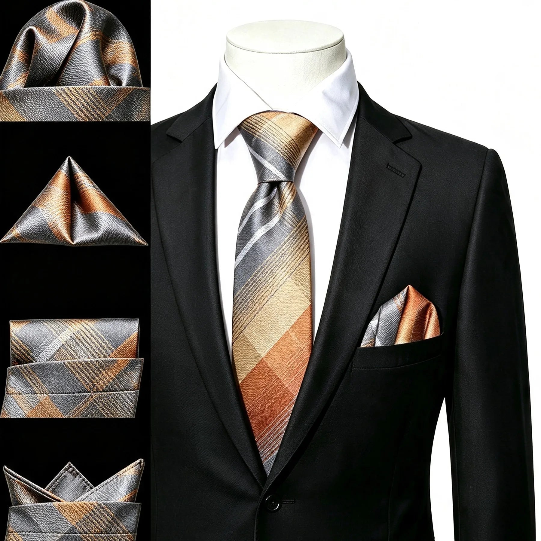 Gravata Masculina Laranja Xadrez com Lenço de Bolso