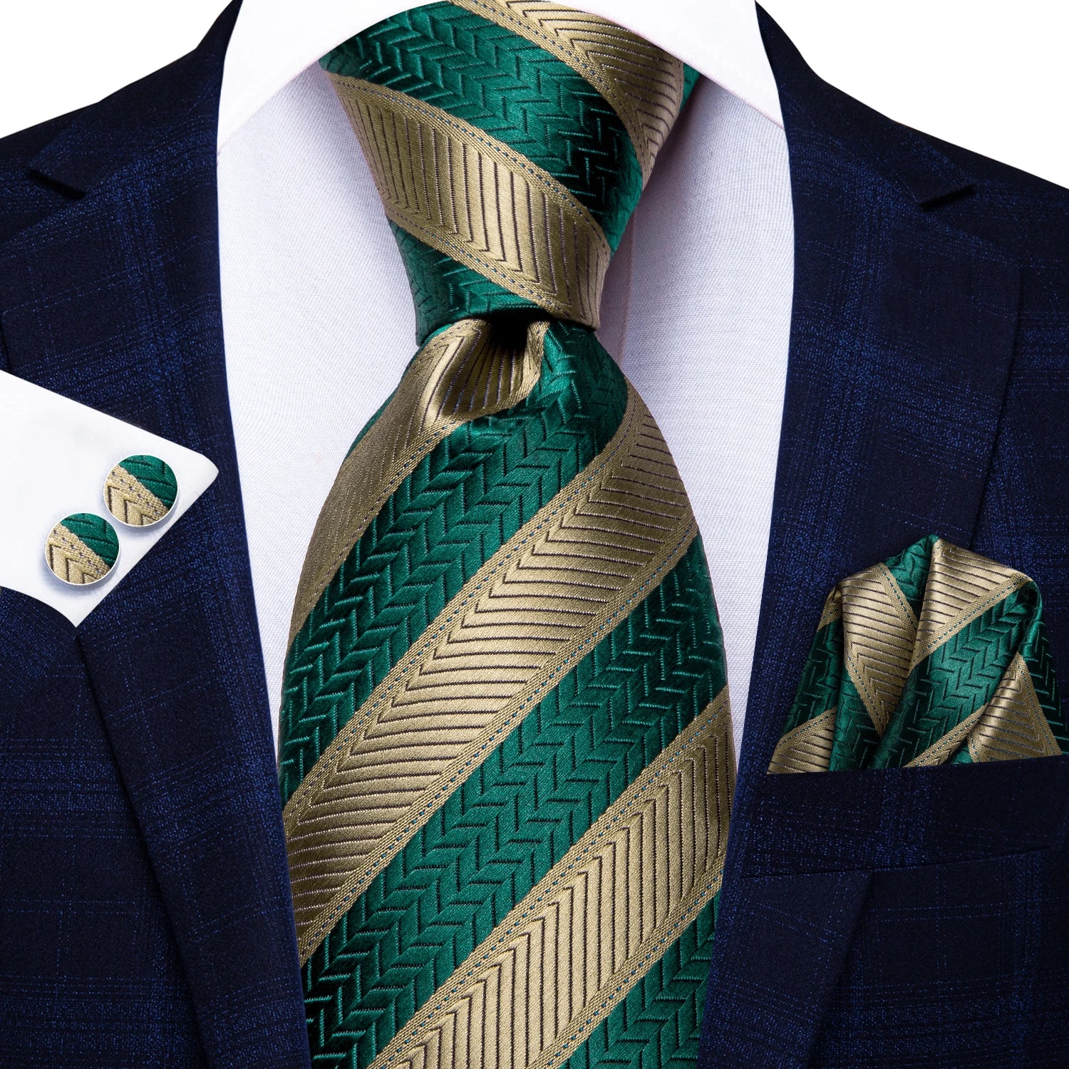 Gravata Masculina Listrada de Luxo com Lenço de Bolso e Abotoaduras