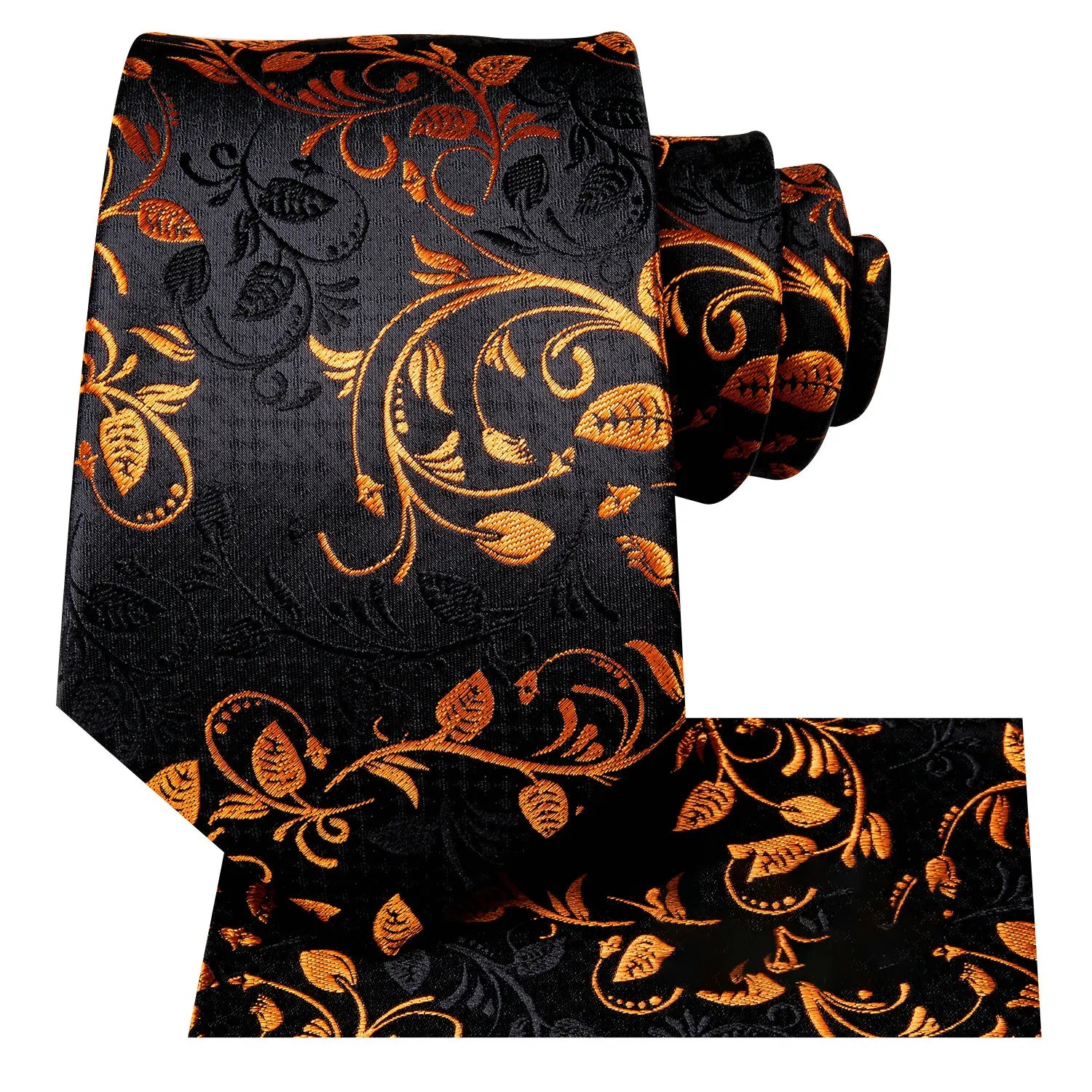 Gravata Masculina Preto Floral com Lenço de Bolso