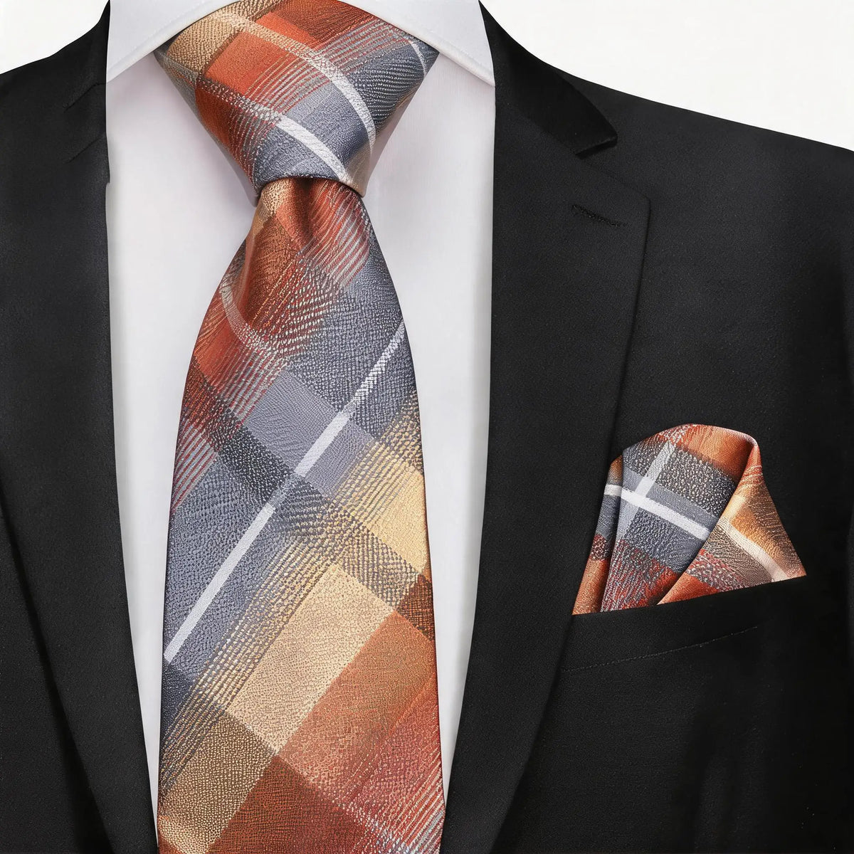 Gravata Masculina Laranja Xadrez com Lenço de Bolso