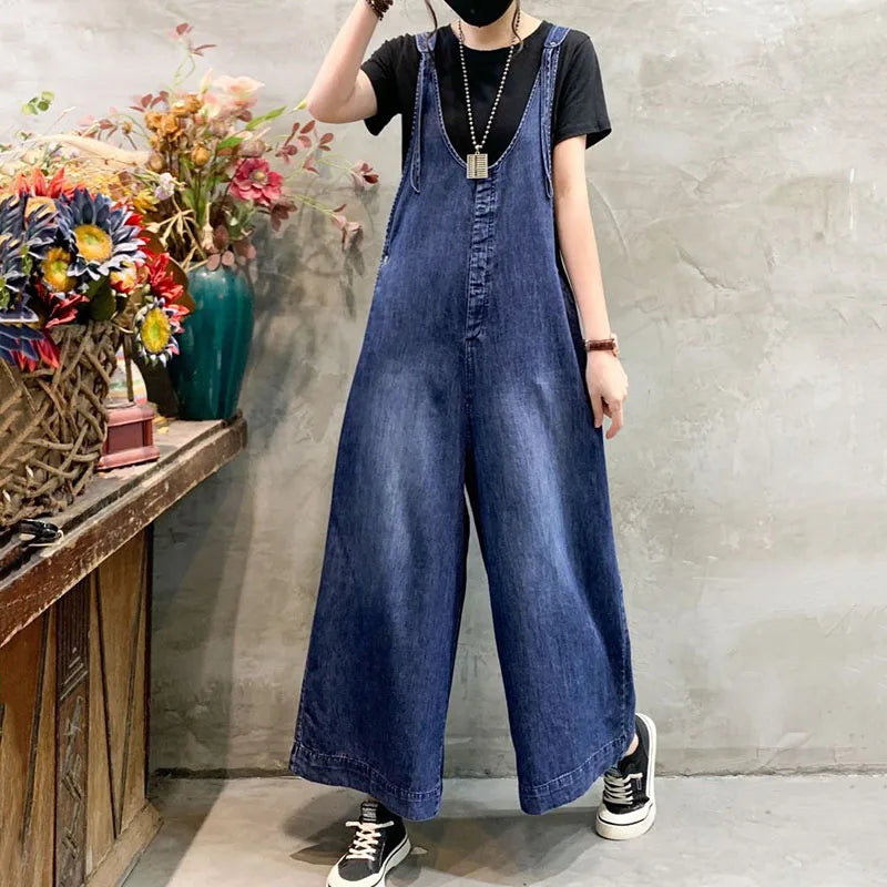 Macacão Feminino Jeans Wide Leg com Suspensório