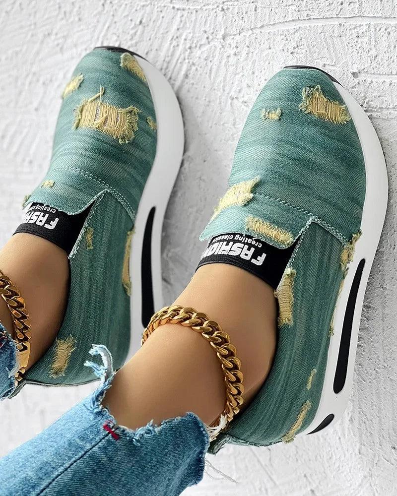 Tênis Feminino Casual Denim Rasgado
