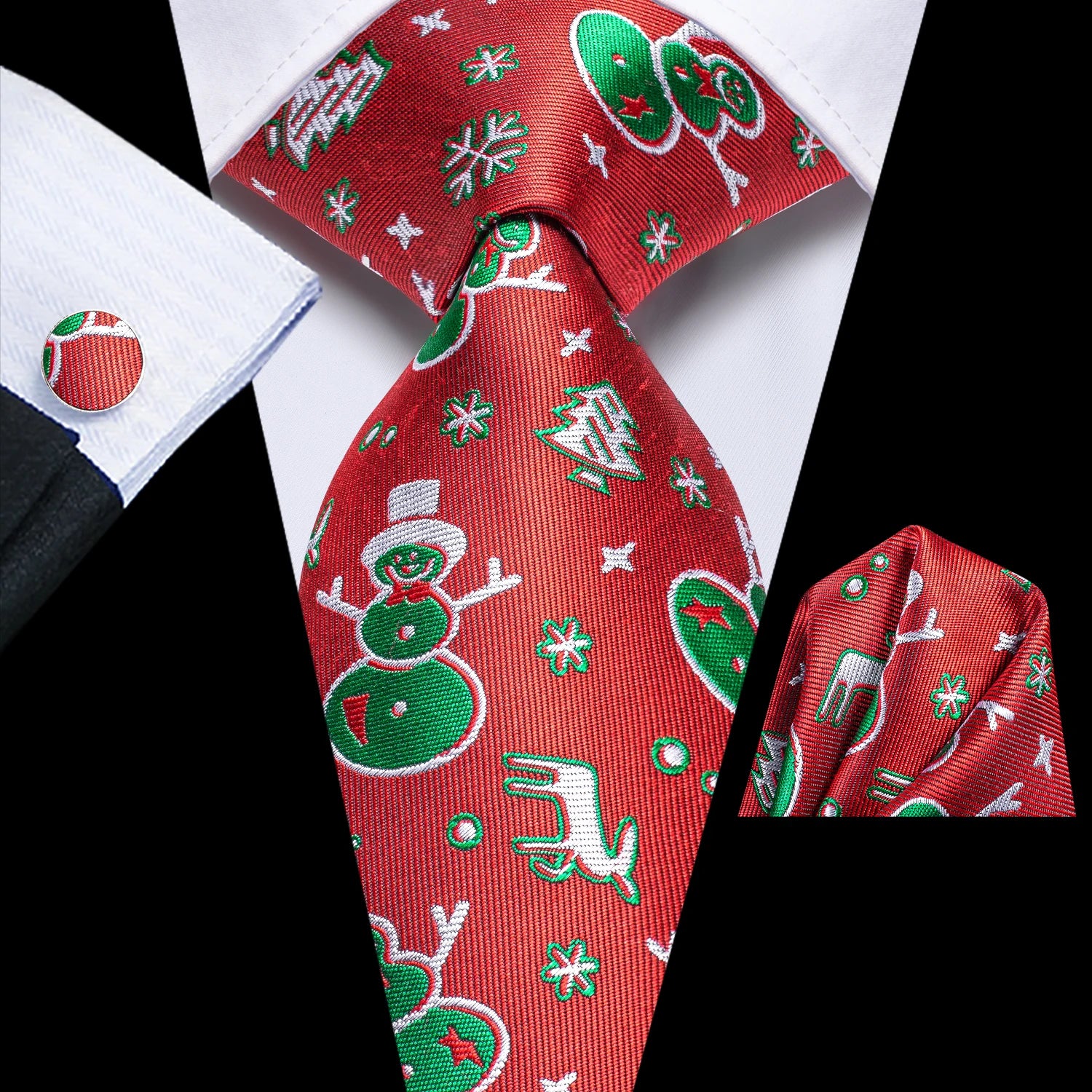 Conjunto de 3 Peças Gravata Masculina de Seda Vermelha com Lenço e Abotoaduras