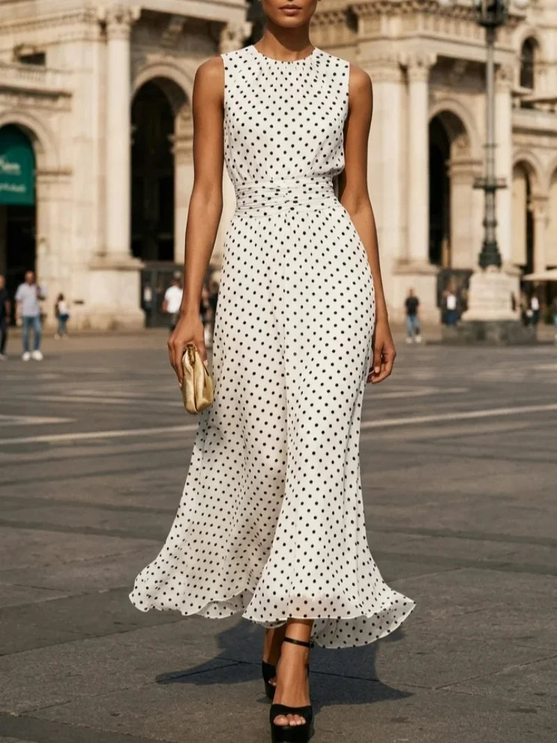 Vestido Longo Feminino Branco com Estampa de Bolinhas