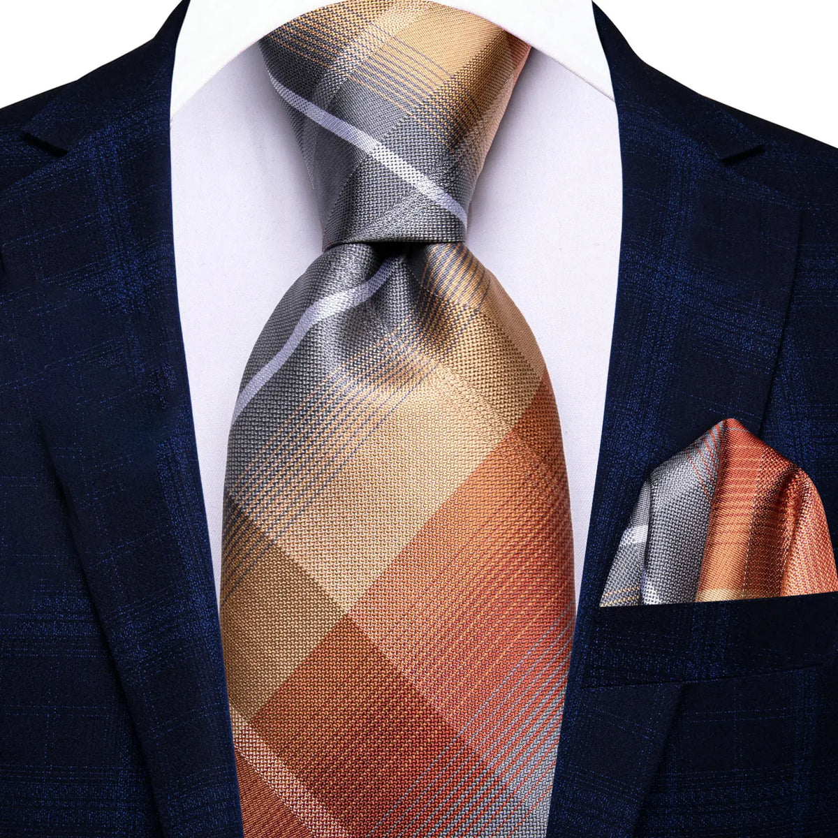 Gravata Masculina Laranja Xadrez com Lenço de Bolso