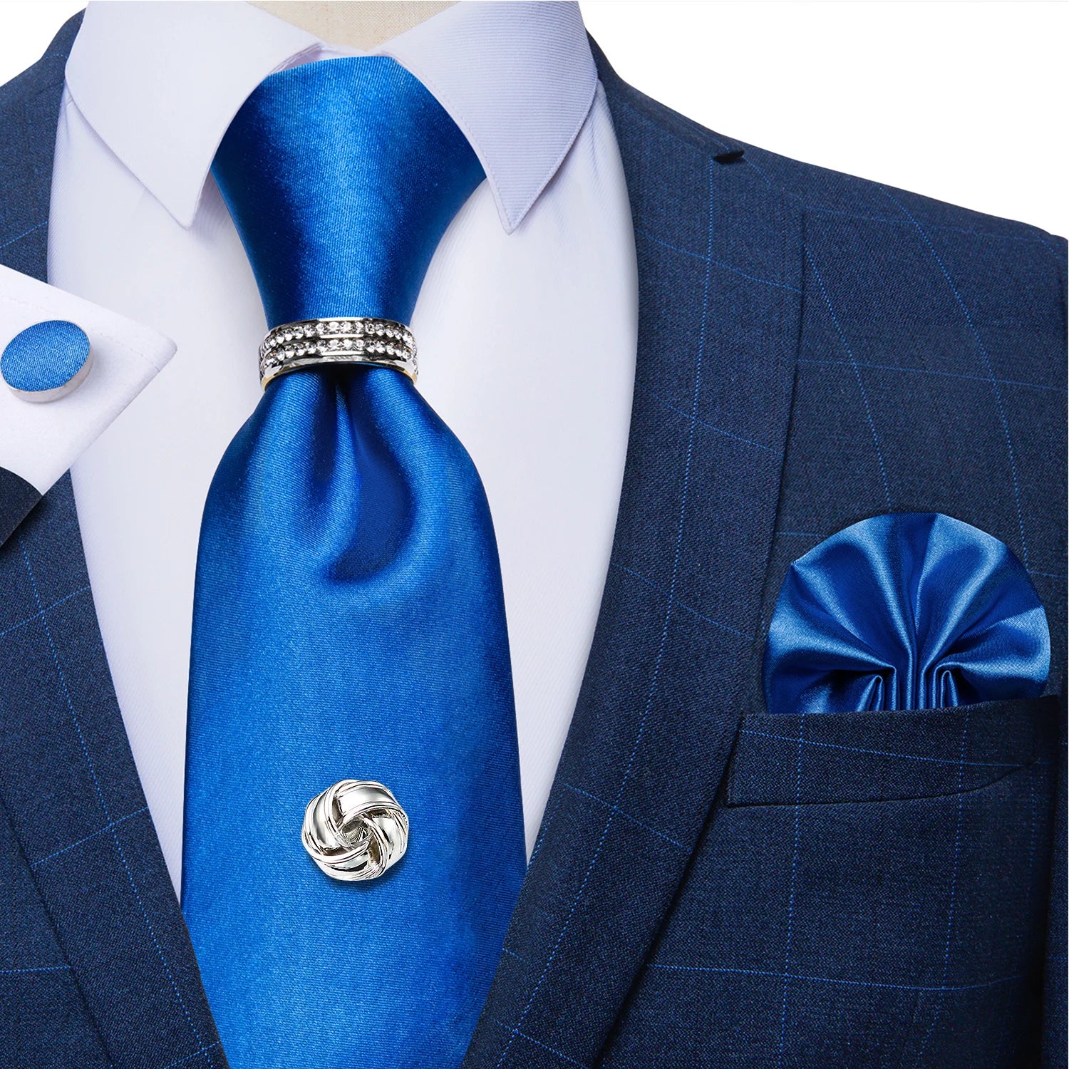 Conjunto de Gravata Masculina de Luxo Azul 8cm