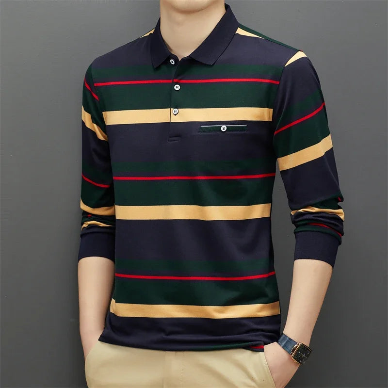 Camisa Polo Listrada Manga Comprida Estilo Casual