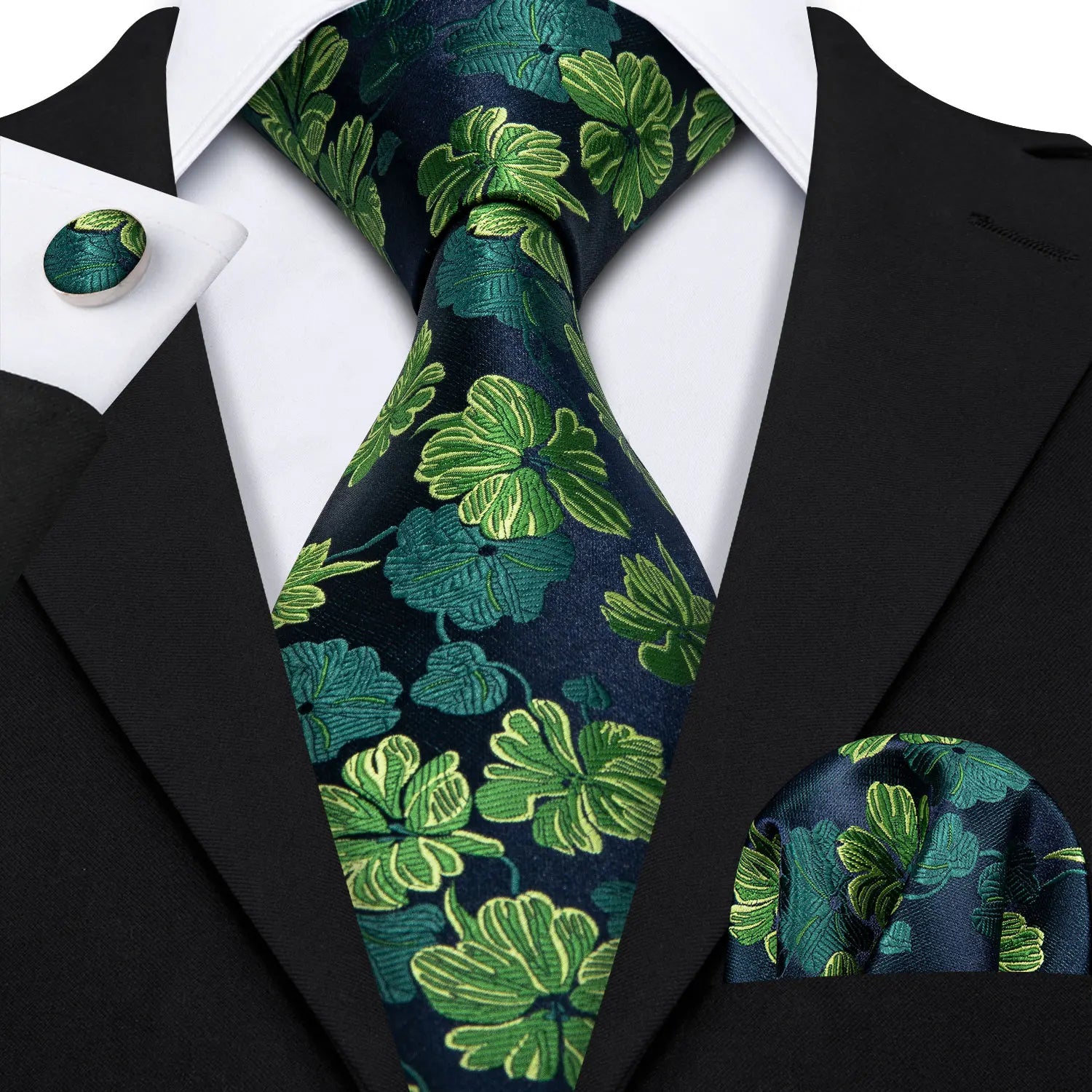 Conjunto Gravata Masculina de Seda Floral com Abotoaduras