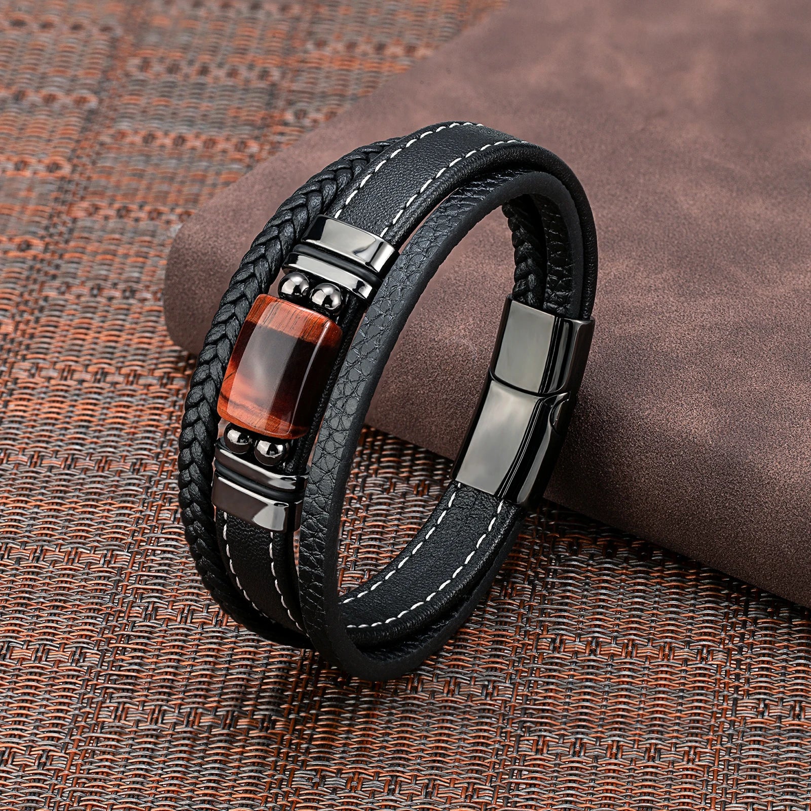 Pulseira Masculina de Couro Olho de Tigre Natural