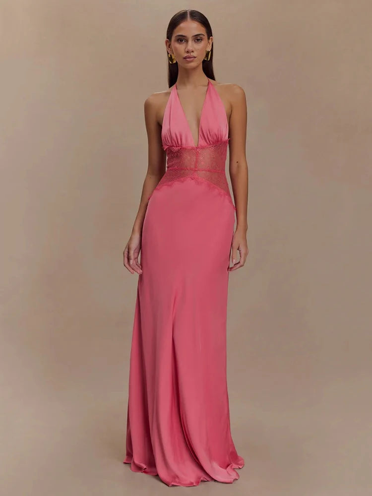 acabamento em cetim no vestido longo feminino