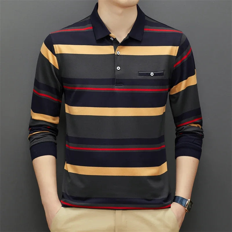 PROMOÇÃO Camisa Polo Listrada Manga Comprida Estilo Casual