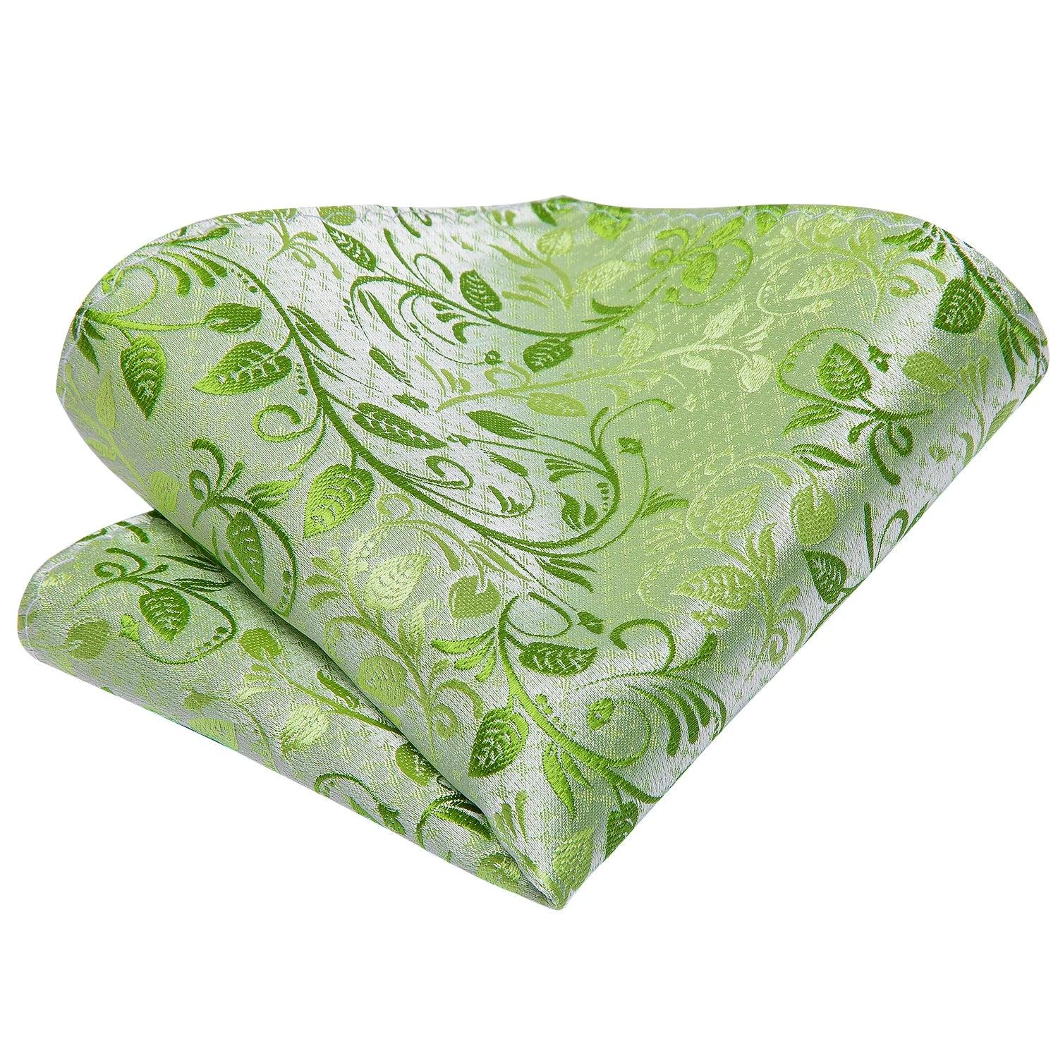 Gravata Masculina de Seda Floral Verde com Lenço e Abotoaduras