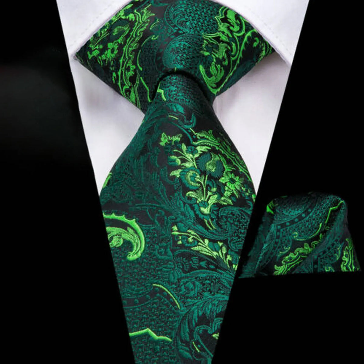 Gravata Masculina Verde Escuro Floral com Lenço de Bolso