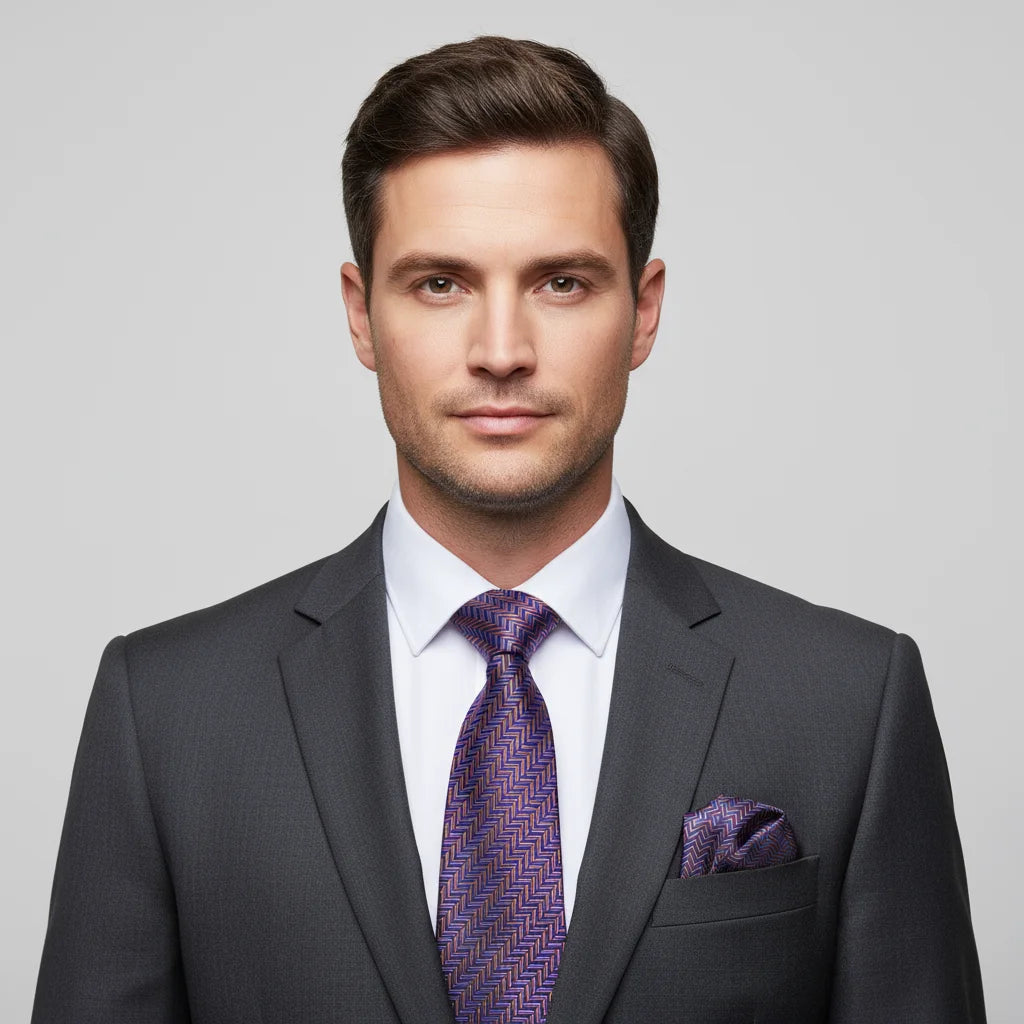 Conjunto 3 Peças Gravata Masculina Poliéster Roxa com Lenço e Abotoaduras